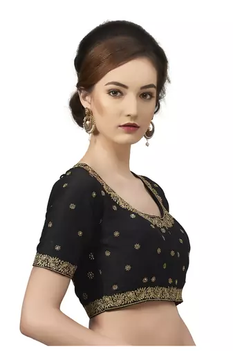 Black Embroidered Brocade Half Sleeves Readymade Saree Blouse