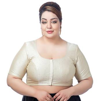 Cream Silk Round Neck Half Sleeves Readymade Saree Blouse 1