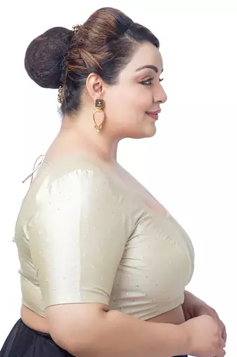 Cream Silk Round Neck Half Sleeves Readymade Saree Blouse