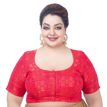 Red Georgette Printed Round Neck Half Sleeves Readymade Saree Blouse 1