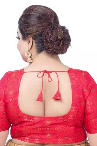Red Georgette Printed Round Neck Half Sleeves Readymade Saree Blouse