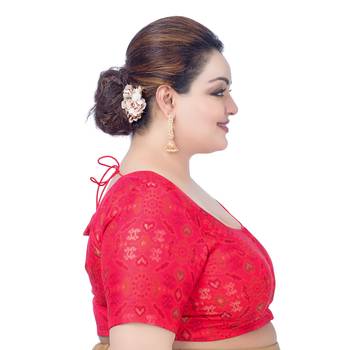 Red Georgette Printed Round Neck Half Sleeves Readymade Saree Blouse 3