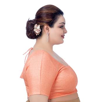 Peach Silk Sequin Round Neck Readymade Saree Blouse 3