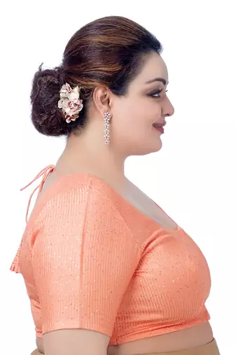 Peach Silk Sequin Round Neck Readymade Saree Blouse
