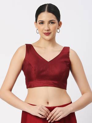 Maroon Silk Threadwork Sleeveless V Neck Readymade Saree Blouse 1