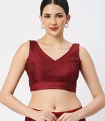 Maroon Silk Threadwork Sleeveless V Neck Readymade Saree Blouse