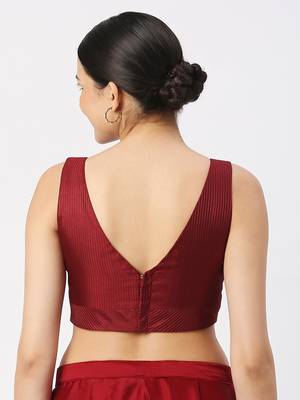 Maroon Silk Threadwork Sleeveless V Neck Readymade Saree Blouse 2
