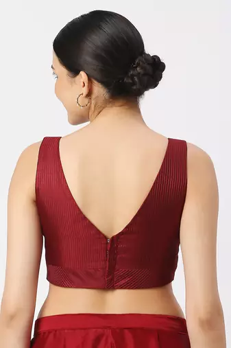 Maroon Silk Threadwork Sleeveless V Neck Readymade Saree Blouse
