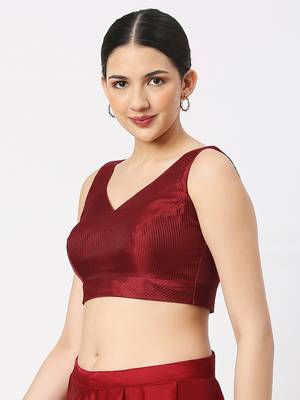 Maroon Silk Threadwork Sleeveless V Neck Readymade Saree Blouse 3