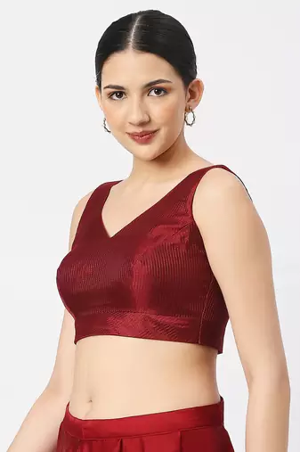 Maroon Silk Threadwork Sleeveless V Neck Readymade Saree Blouse