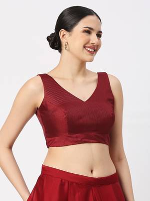 Maroon Silk Threadwork Sleeveless V Neck Readymade Saree Blouse 4