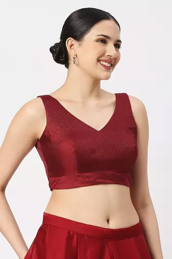 Maroon Silk Threadwork Sleeveless V Neck Readymade Saree Blouse