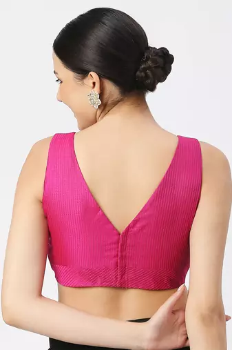 Rani Silk Threadwork Sleeveless V Neck Readymade Saree Blouse