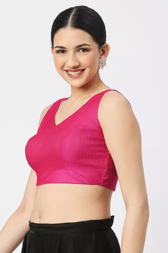 Rani Silk Threadwork Sleeveless V Neck Readymade Saree Blouse