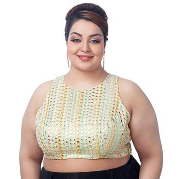 Pista Green Silk Mirror Work Sleeveless Readymade Saree Blouse 1