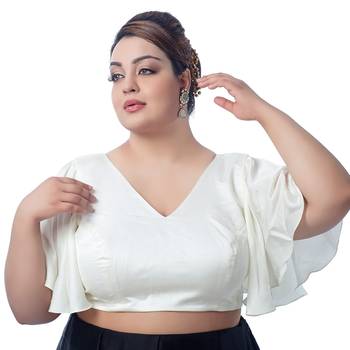 White Silk Ruffle Sleeve V Neck Readymade Saree Blouse 1