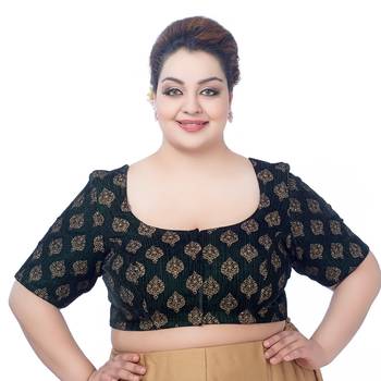 Green Gold Print Velvet Readymade Saree Blouse 1