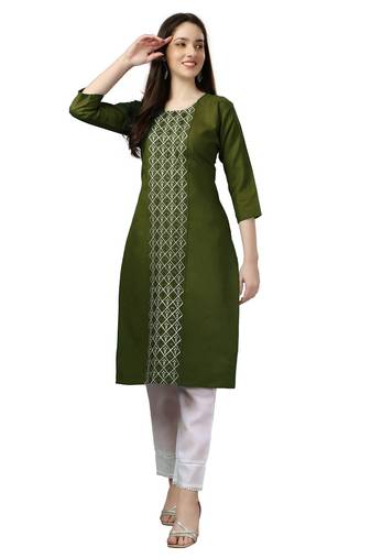 Embroidered Mehendi Color Kurti