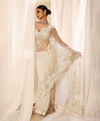 Ivory embroidered net saree 1