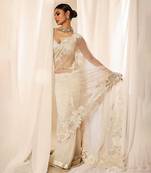 Ivory embroidered net saree