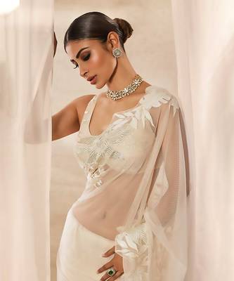 Ivory embroidered net saree 3