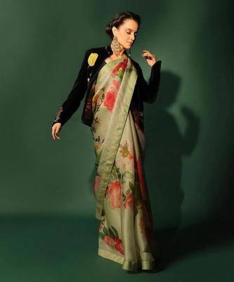 Green organza printed saree 1