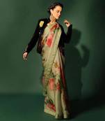 Green organza printed saree