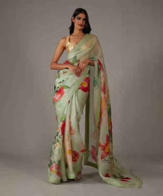 Green organza printed saree 3