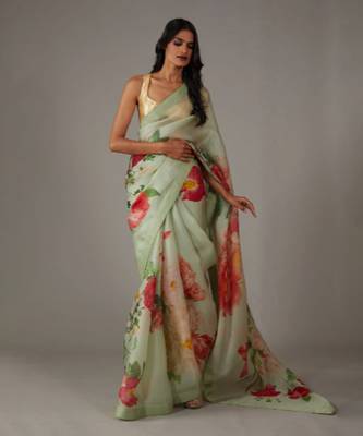 Green organza printed saree 4