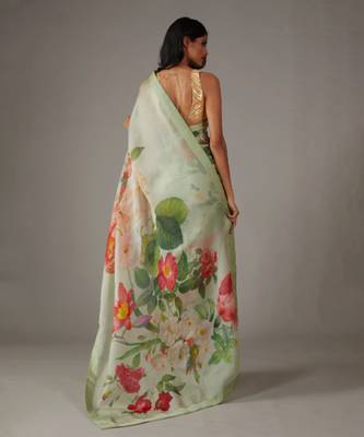Green organza printed saree 5