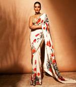 Off white printed  silk chanderi saree