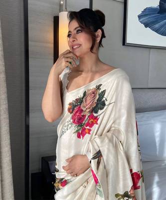 Off white printed  silk chanderi saree 2