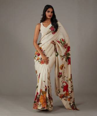 Off white printed  silk chanderi saree 3