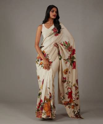 Off white printed  silk chanderi saree 5