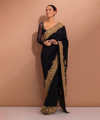 Black embroidered chanderi silk saree 1