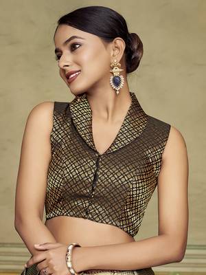 Black Stylish Partywear Woven Collar Neck Style Readymade Blouse 1