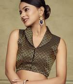 Black Stylish Partywear Woven Designer Collar Neck Style Readymade Blouse