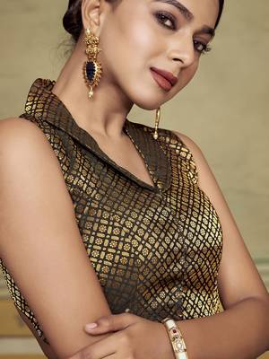 Black Stylish Partywear Woven Collar Neck Style Readymade Blouse 3
