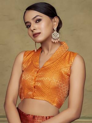 Orange Stylish Partywear Woven Collar Neck Style Readymade Blouse 1