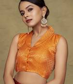 Orange Stylish Partywear Woven Designer Collar Neck Style Readymade Blouse