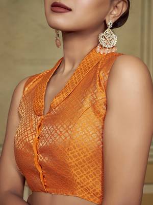 Orange Stylish Partywear Woven Collar Neck Style Readymade Blouse 3