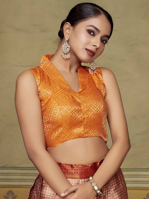 Orange Stylish Partywear Woven Collar Neck Style Readymade Blouse 4