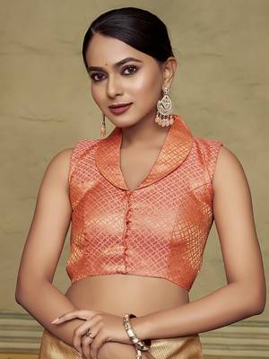Peach Stylish Partywear Woven Collar Neck Style Readymade Blouse 1