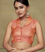 Peach Stylish Partywear Woven Designer Collar Neck Style Readymade Blouse