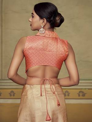 Peach Stylish Partywear Woven Collar Neck Style Readymade Blouse 2