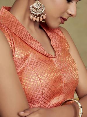 Peach Stylish Partywear Woven Collar Neck Style Readymade Blouse 3