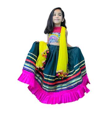 Aglare Brocade ,cotton ethnic Lehenga choli for small girls Green Blue Multi 1