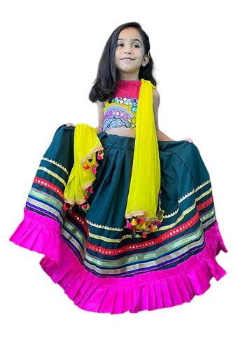 Aglare Brocade ,cotton ethnic Lehenga choli for small girls Green Blue Multi