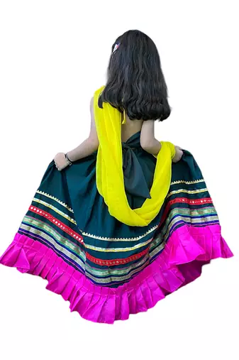 Aglare Brocade ,cotton ethnic Lehenga choli for small girls Green Blue Multi