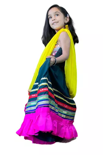 Aglare Brocade ,cotton ethnic Lehenga choli for small girls Green Blue Multi